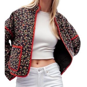 Floral Quilted Jacket with Red Trim